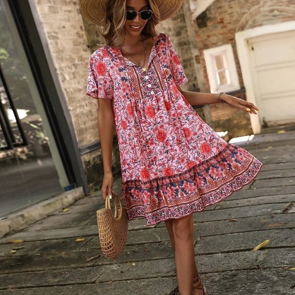 Boho Floral Print Tie Neck Smock Mini Dress - Picture 1 of 5